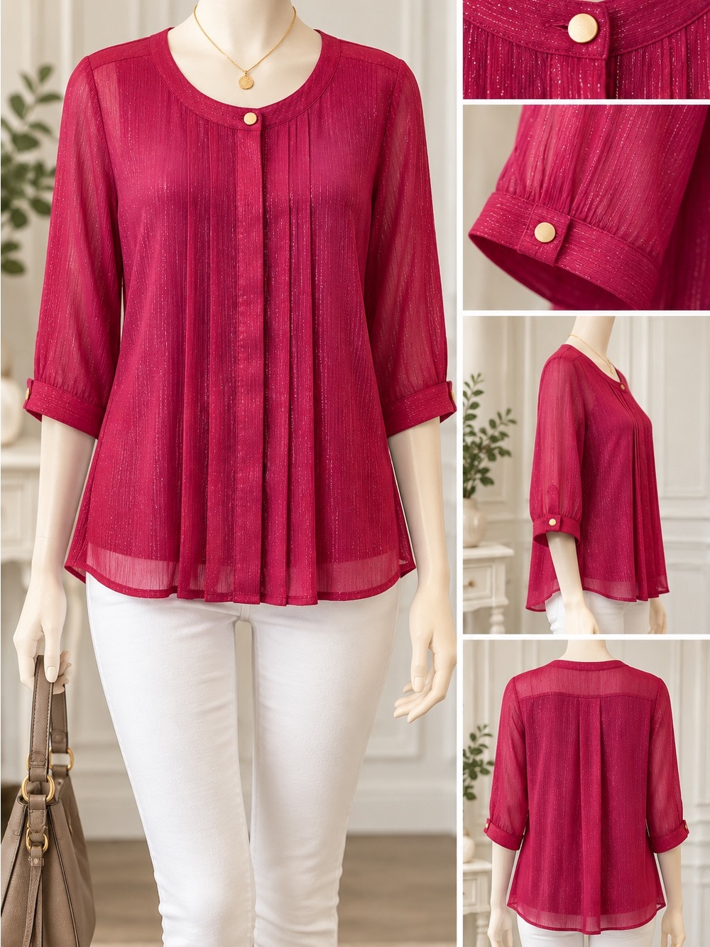 Liz Claiborne Sheer Pleated Blouse in Deep Berry with Gold Buttons